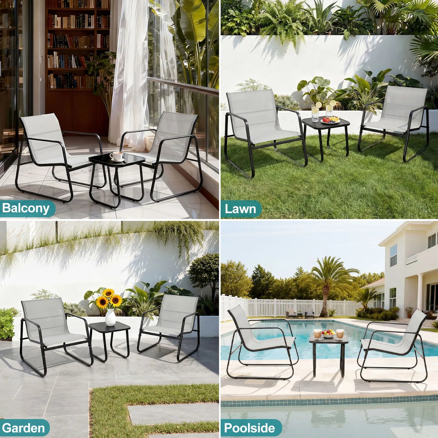 JHK 3 Piece Patio Set With Table Outdoor Metal Frame Lumbar Support