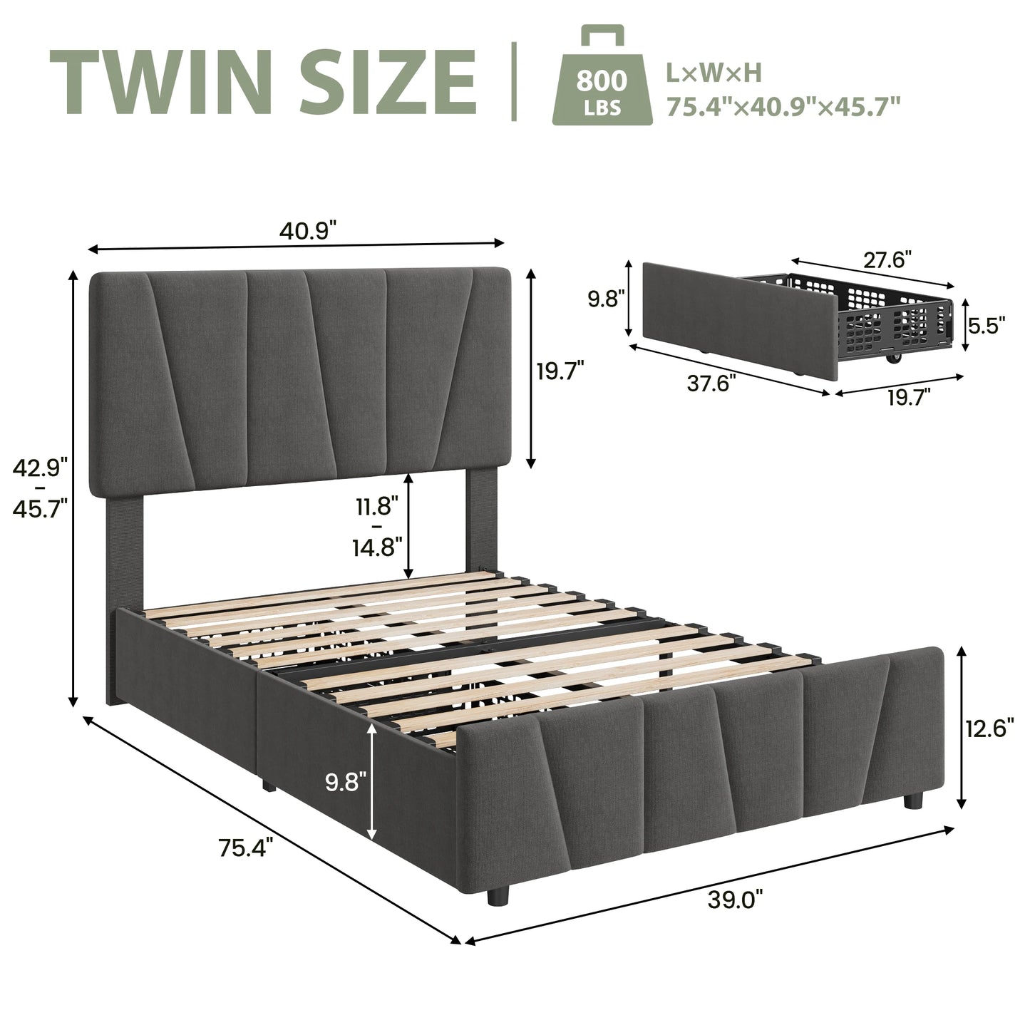 HiMISS Upholstered Bed Frame With Adjustable Headboard And Storage Drawers