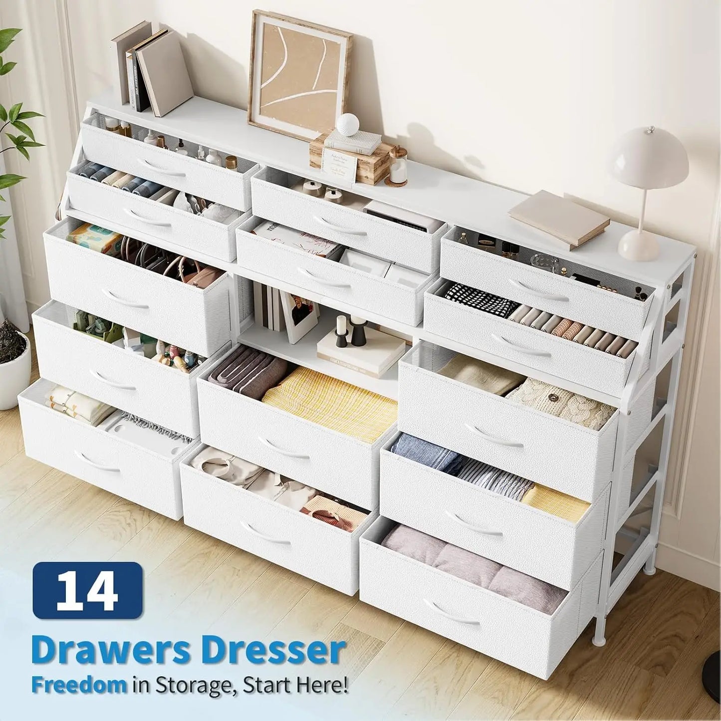 TWISTER.CK 14 Drawer Fabric Dresser With Wooden Top And Metal Frame