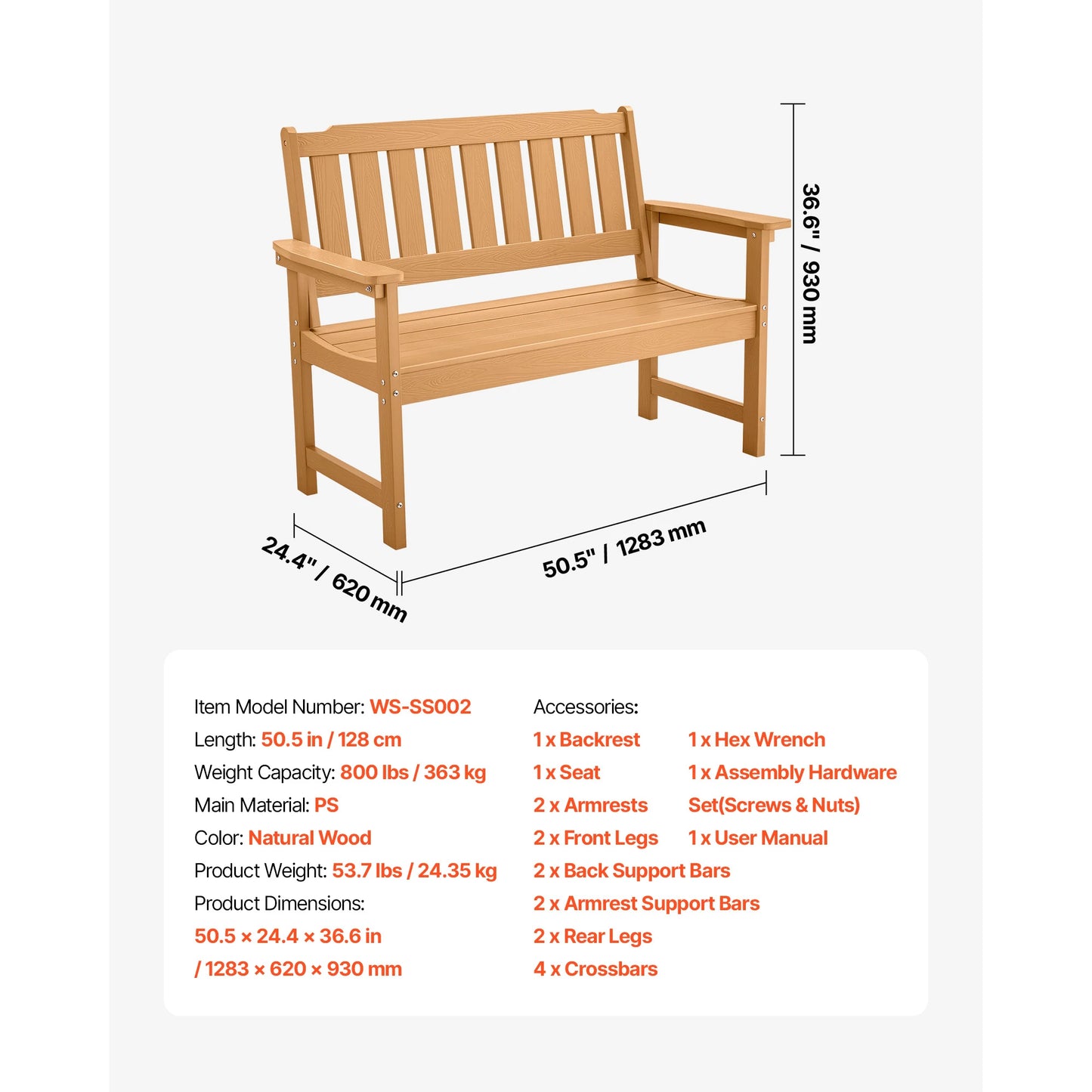 SucceBuy Outdoor Wood And Metal Garden Bench 480 Lbs Capacity