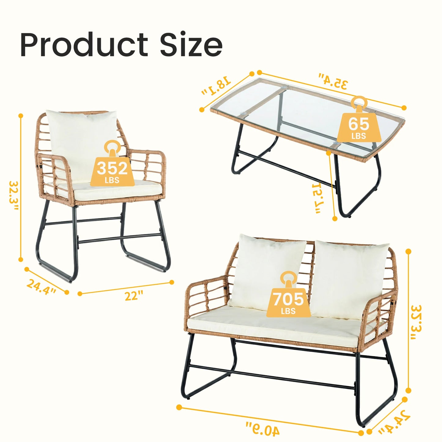 JHK Outdoor Wicker Patio Set 4-Piece With Cushions Glass Table