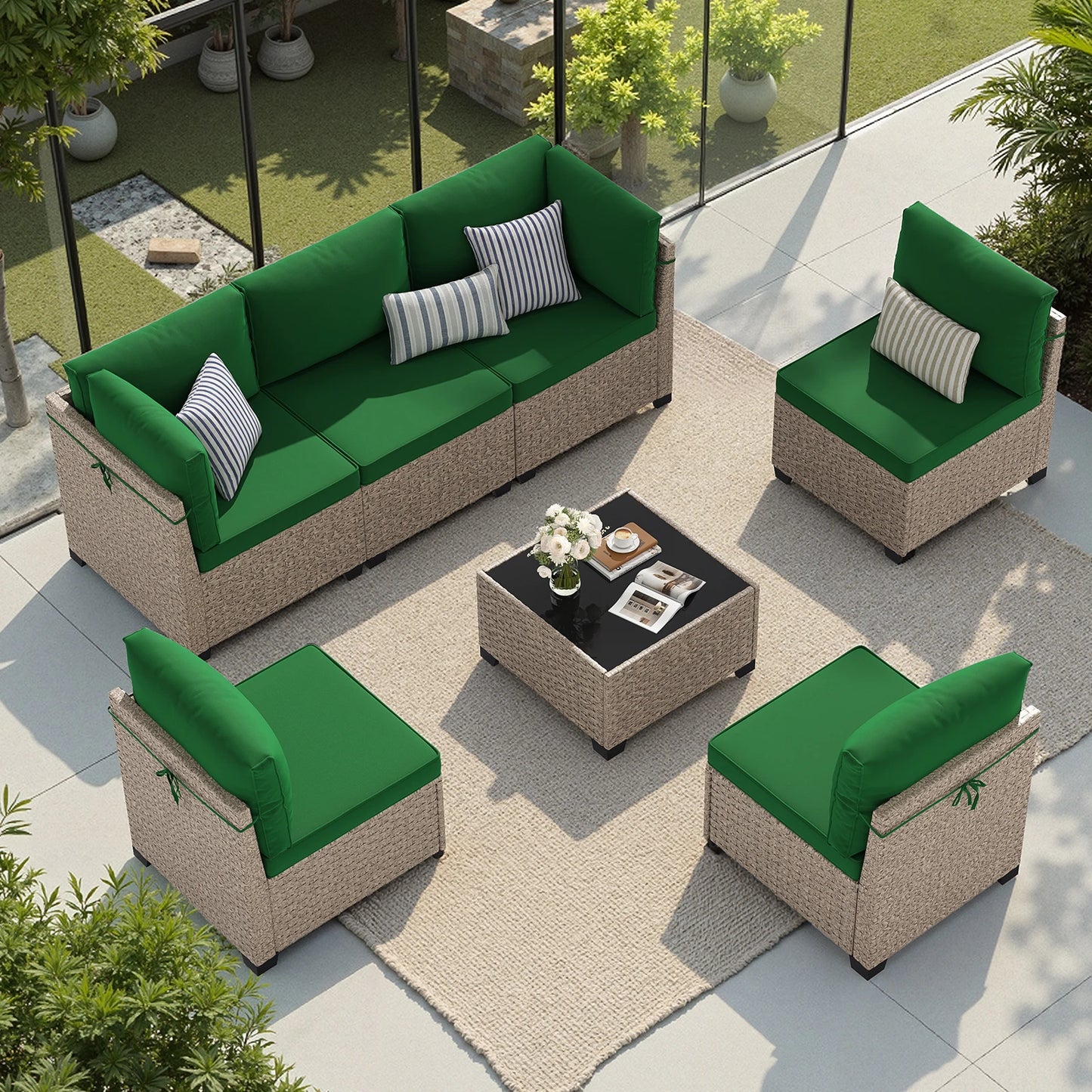 Outdoor 7-Piece Rattan Patio Furniture Set With Tempered Glass Table