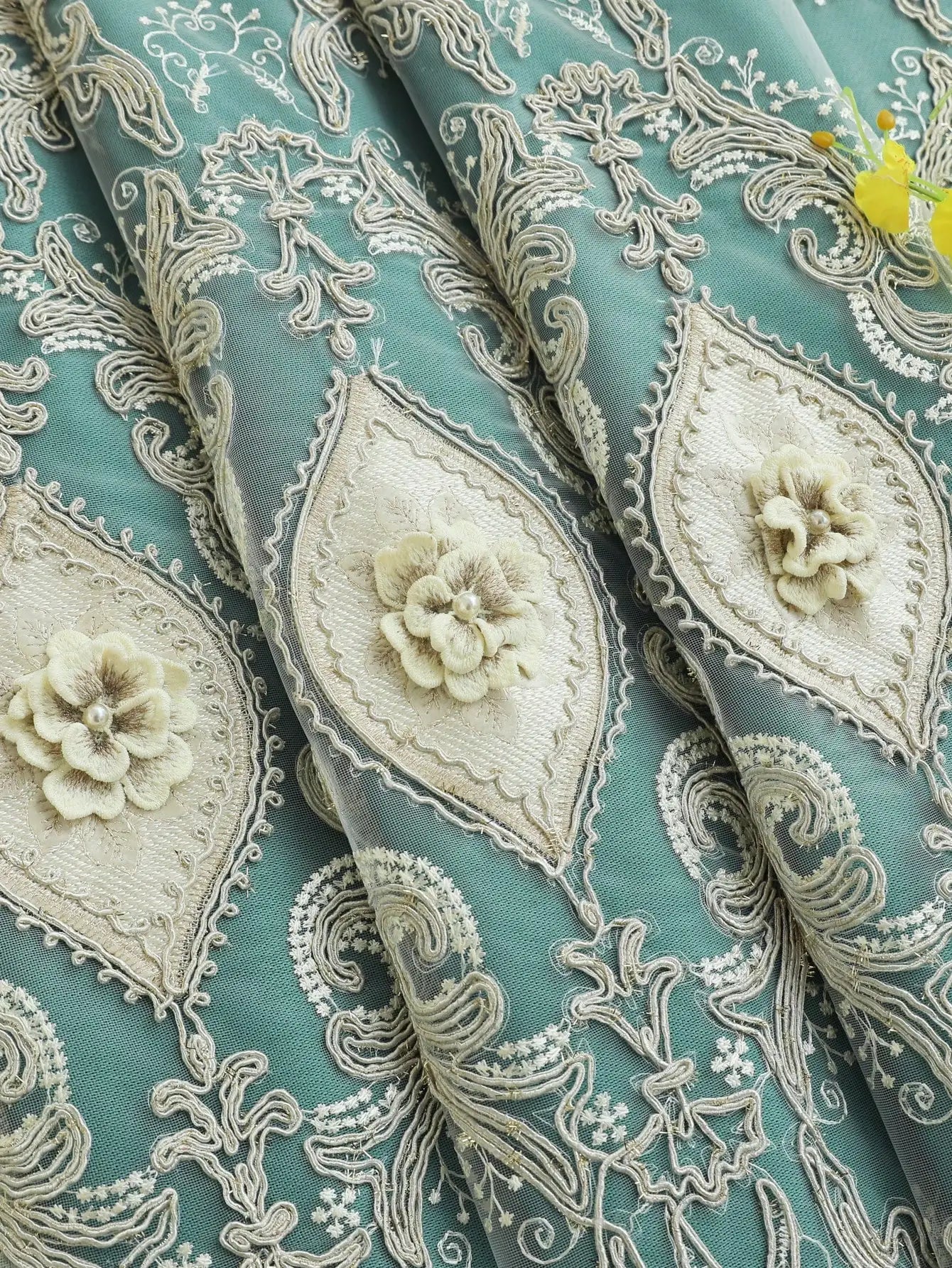 Luxury Vintage Embroidered Curtains With Relief Pattern Dual Layer Privacy