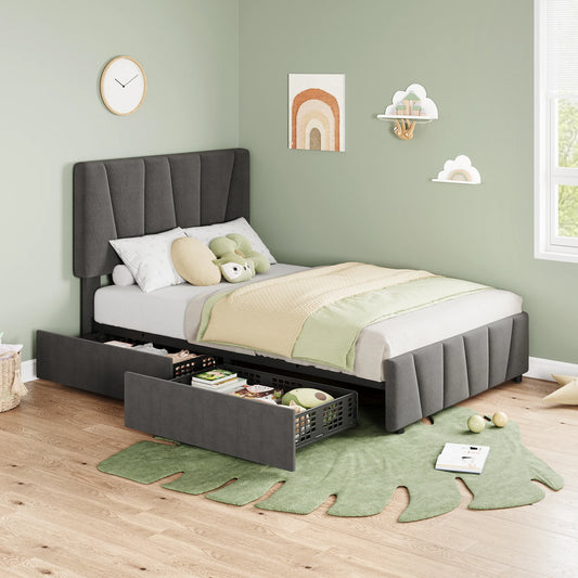 HiMISS Upholstered Bed Frame With Adjustable Headboard And Storage Drawers
