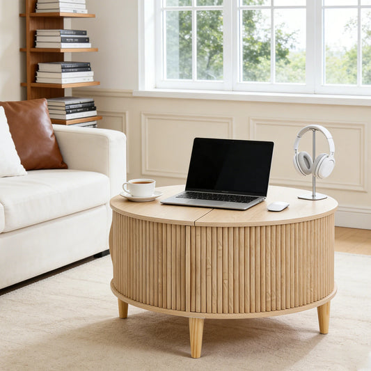 JHK Round Coffee Table With Flip Top Storage And Cabinet