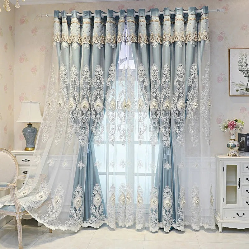 Luxury Vintage Embroidered Curtains With Relief Pattern Dual Layer Privacy