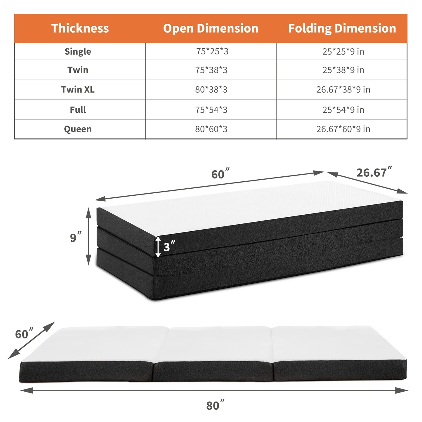 JHK Tri-Fold Memory Foam Mattress With Collapsible Washable Cover Portable Bed