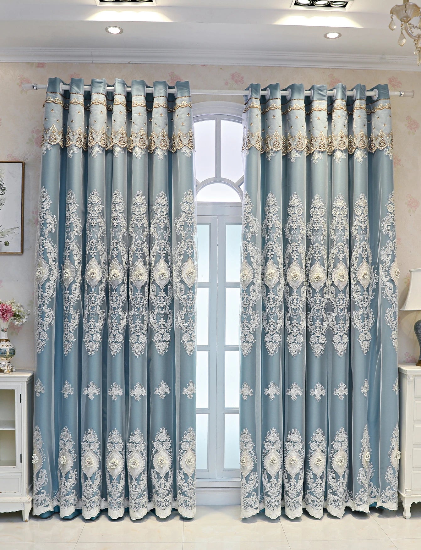 Luxury Vintage Embroidered Curtains With Relief Pattern Dual Layer Privacy