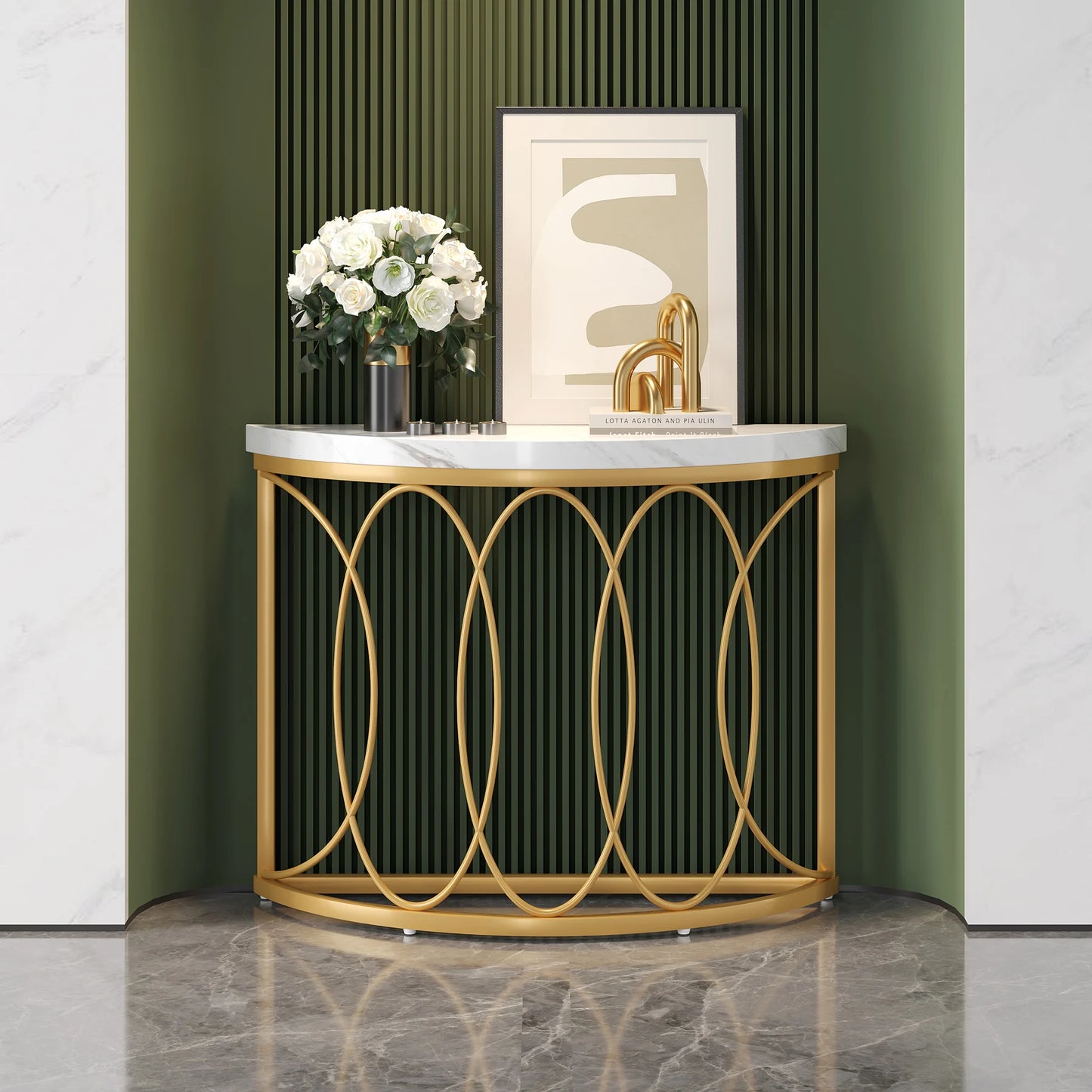 Tribesigns Half Moon Console Table With Geometric Metal Frame