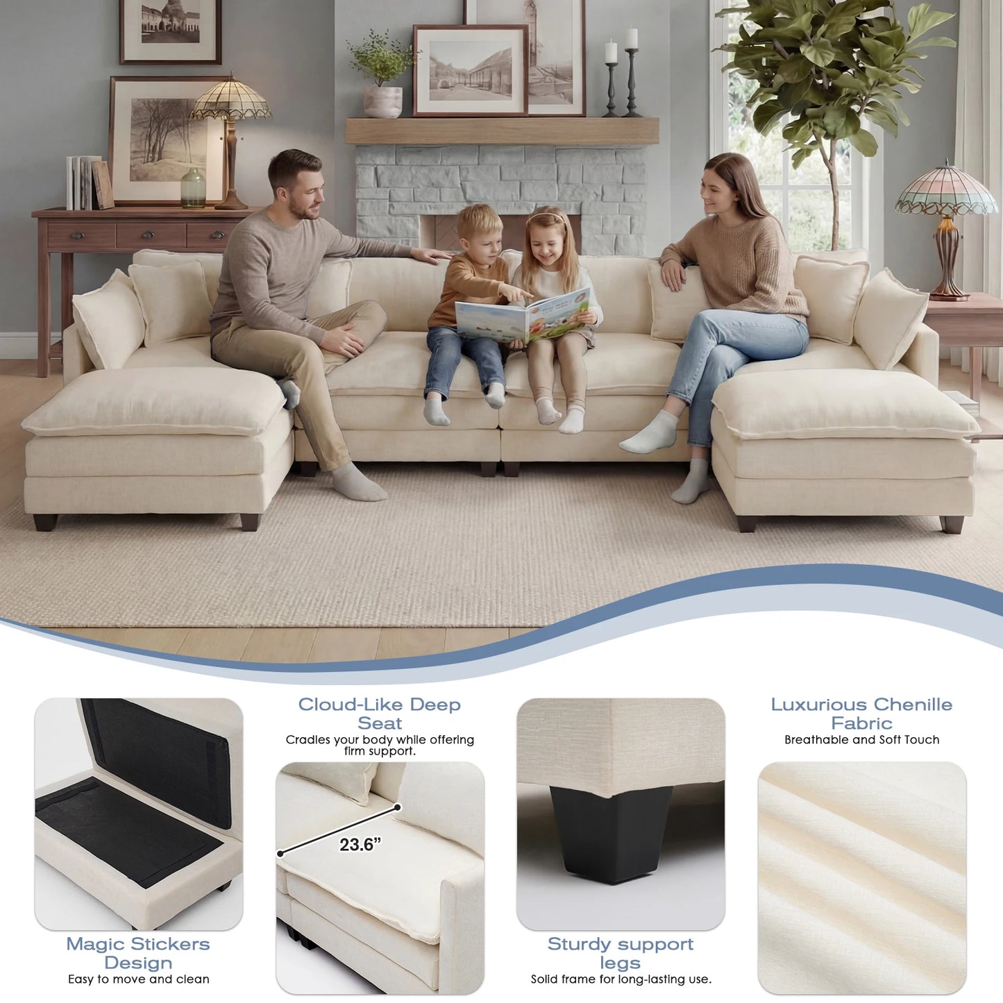 Redlife Modular Sectional Sofa With Ottoman And Solid Wood Frame