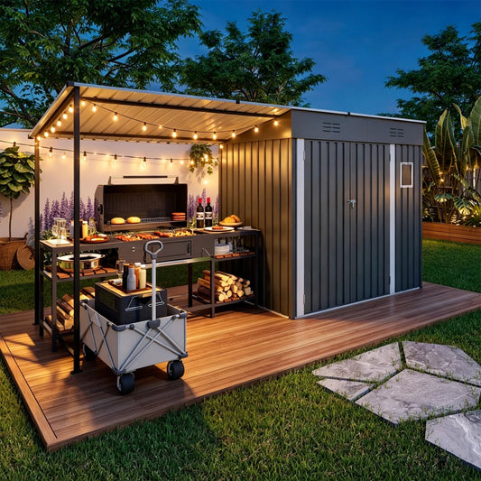 Metal Lean To Shed With Open Pergola And Attached Gazebo