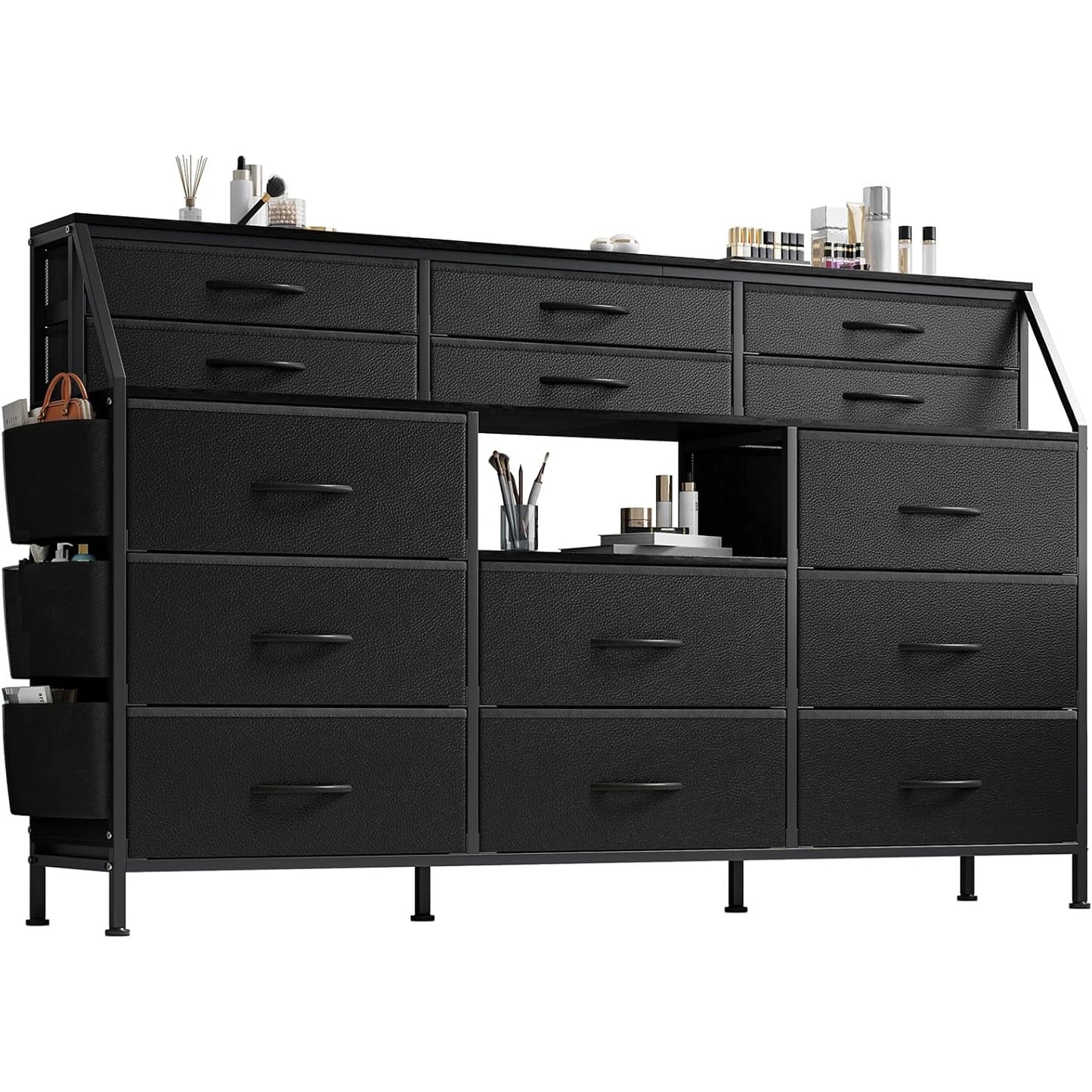 TWISTER.CK 14 Drawer Fabric Dresser With Wooden Top And Metal Frame