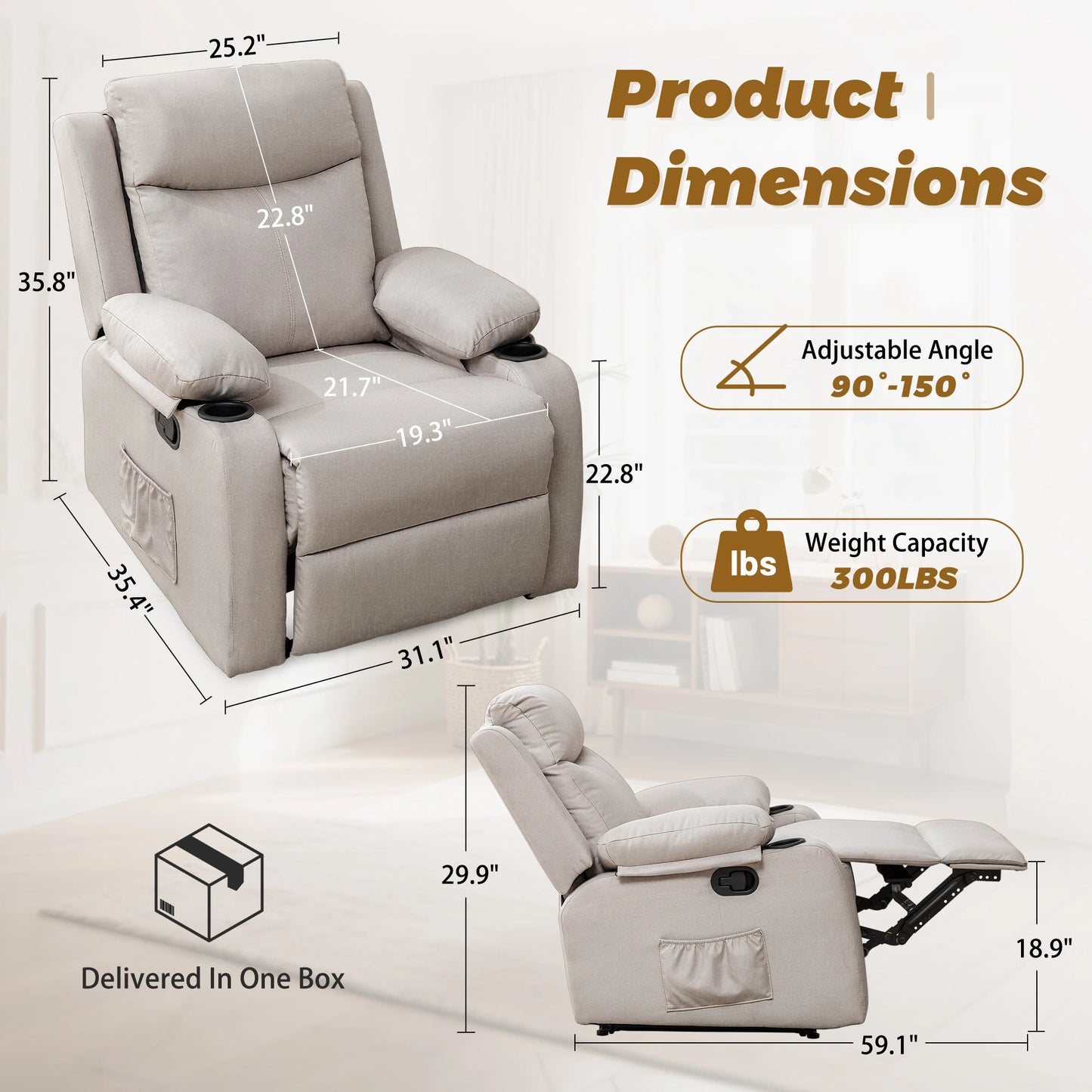 KORSER Small Manual Recliner With Cup Holders And Side Pockets