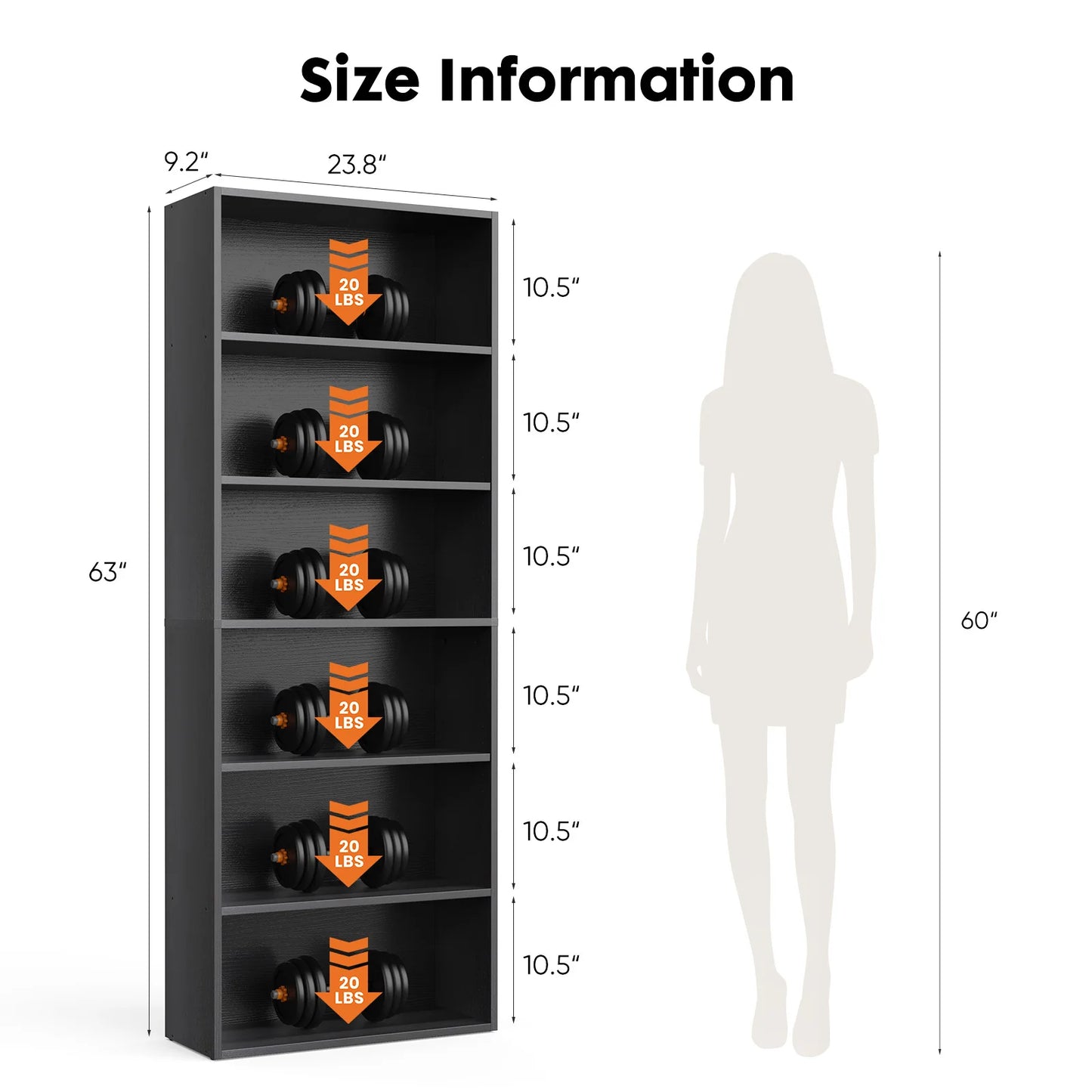 JHK Six Tier Wooden Bookshelf Floor Standing Bookcase
