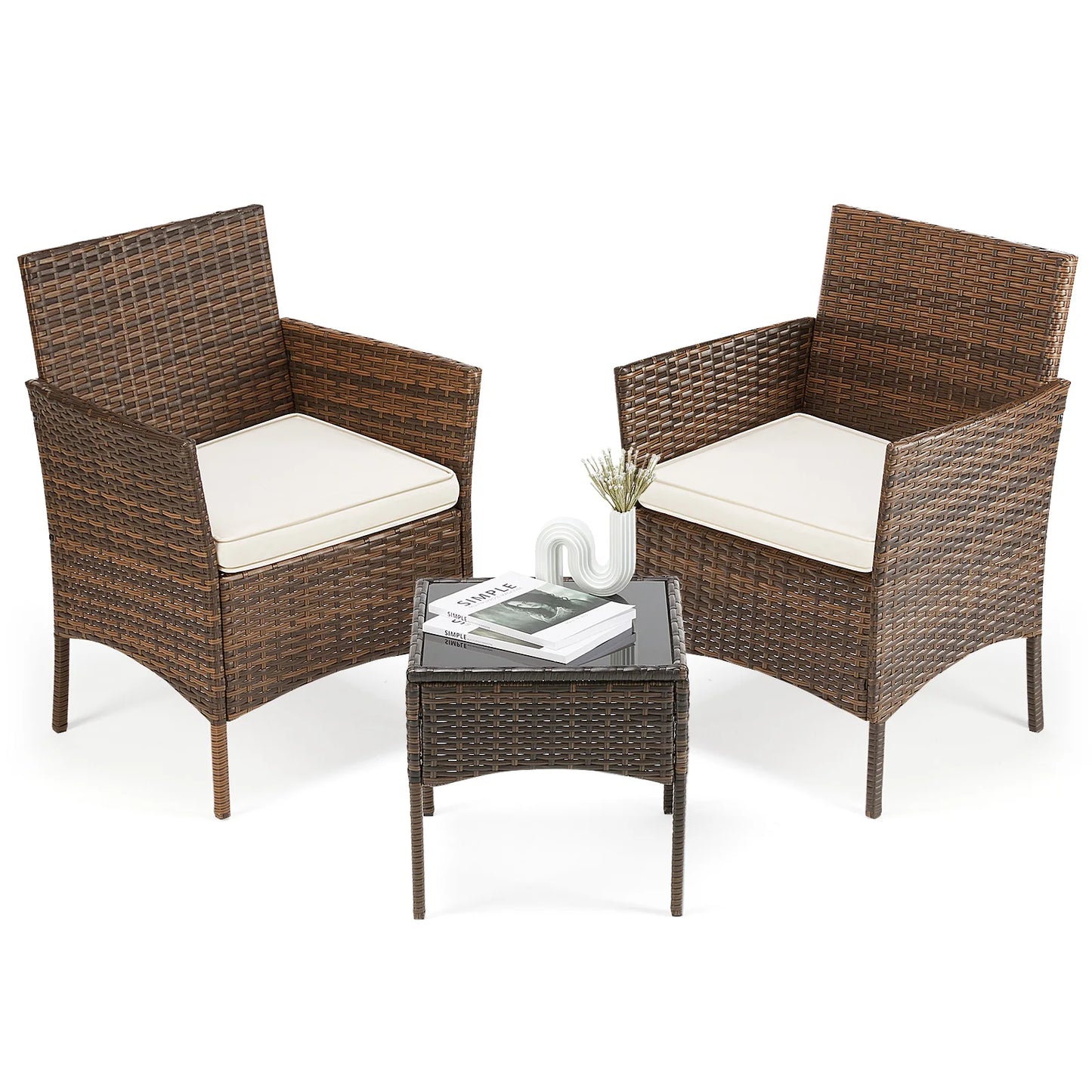 JHK Patio 3 Piece Wicker Furniture Set With Glass Table