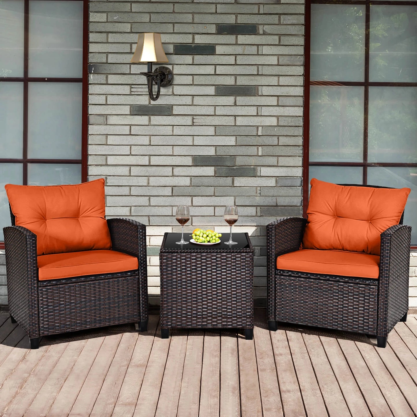 HOMASIS 3 Piece Patio Rattan Cushioned Conversation Set Sofa