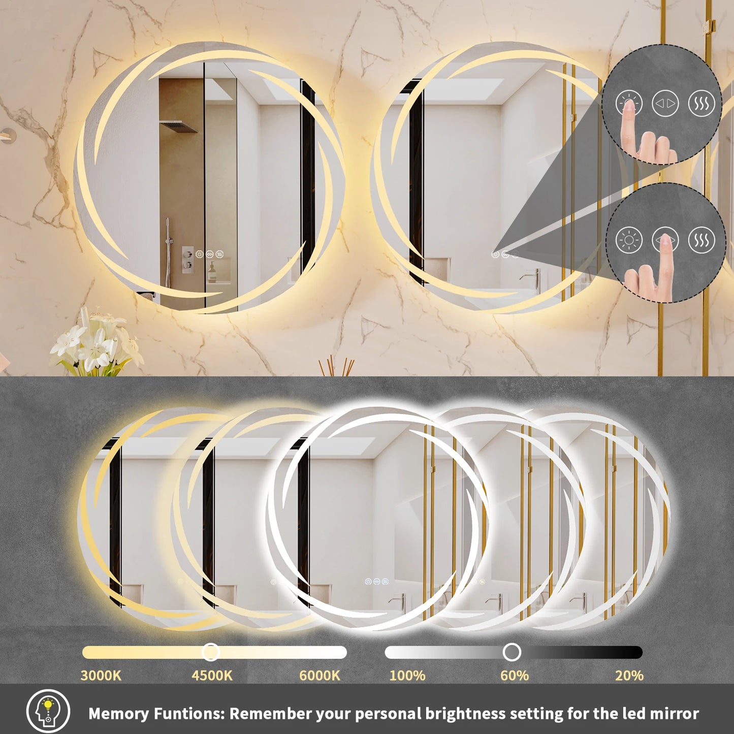 LED Round Anti-Fog Backlit Vanity Mirror Shatterproof 3 Color Lights