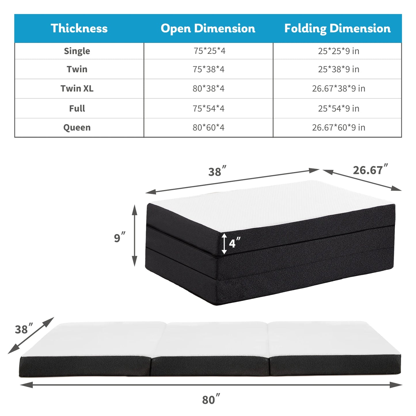 JHK Tri-Fold Memory Foam Mattress With Collapsible Washable Cover Portable Bed
