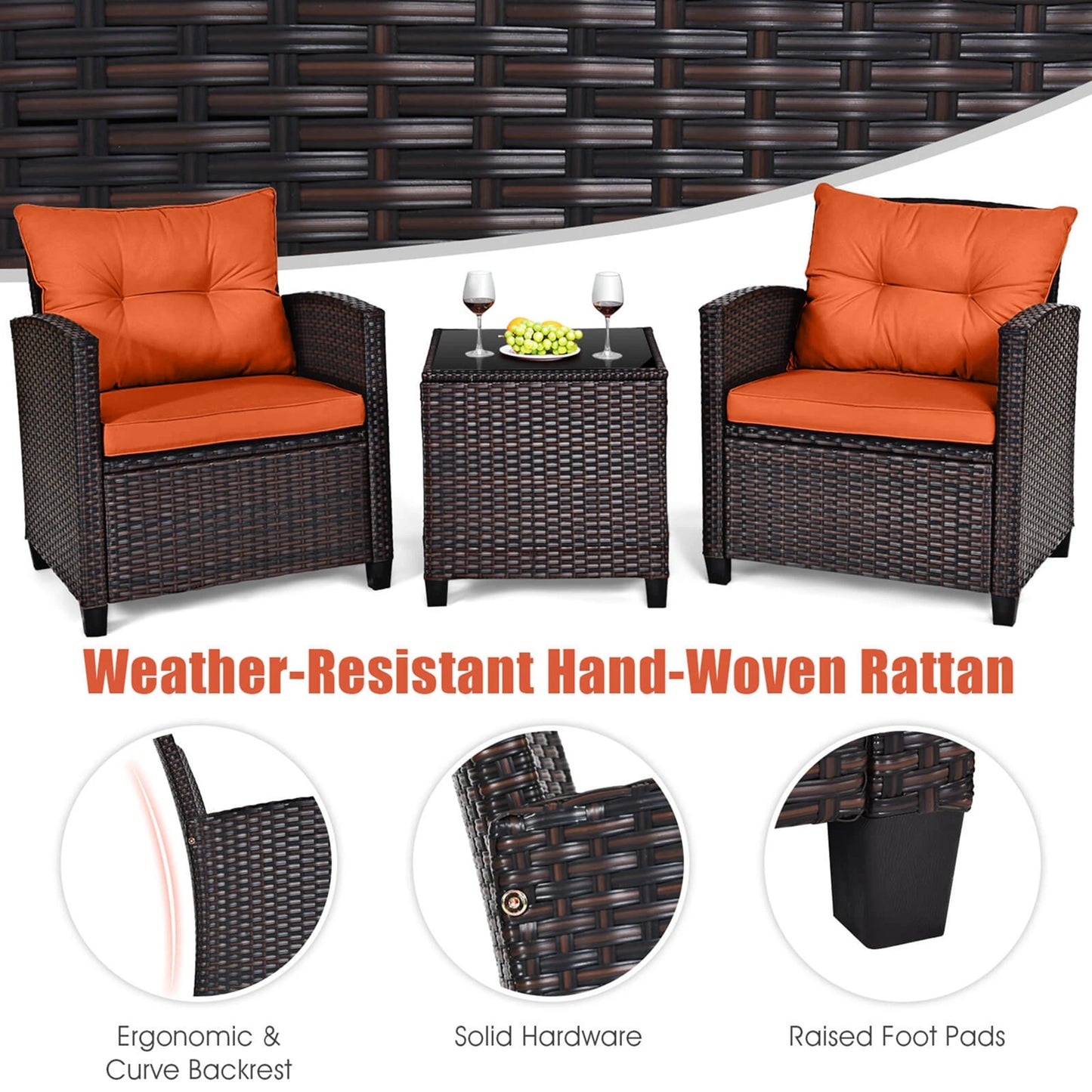HOMASIS 3 Piece Patio Rattan Cushioned Conversation Set Sofa