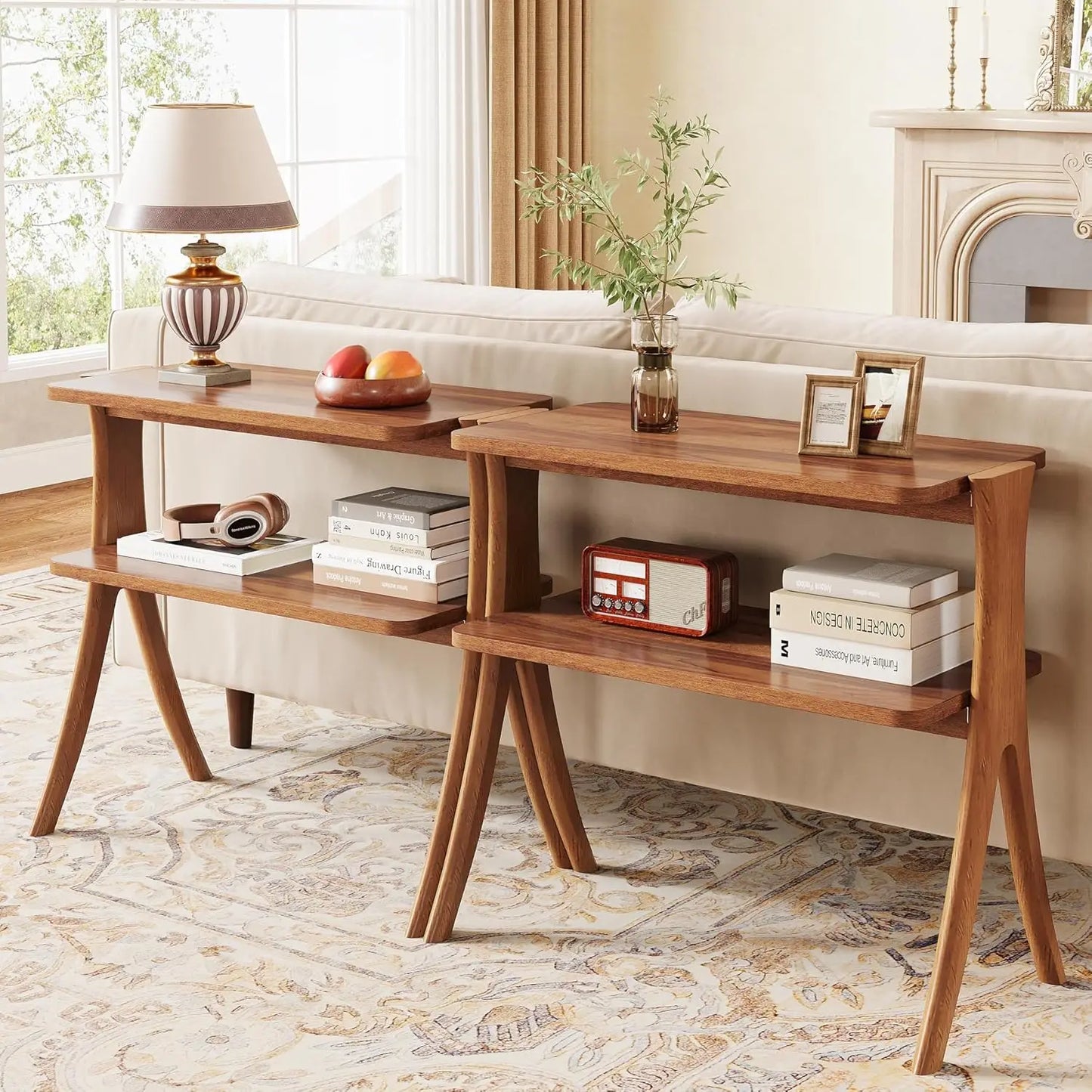 LITTLE TREE Two Tier Side Table For Living Room With Solid Wood Legs