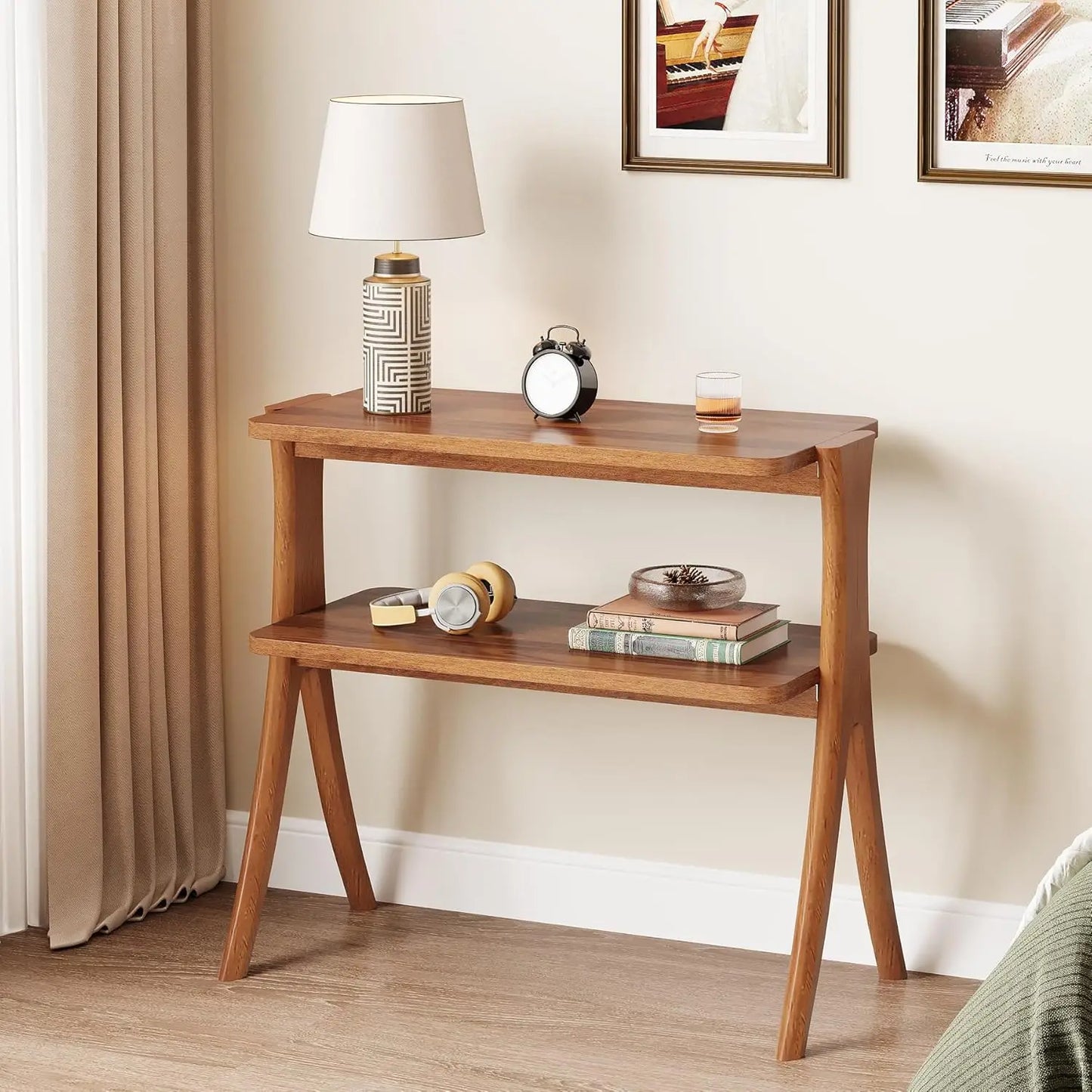 LITTLE TREE Two Tier Side Table For Living Room With Solid Wood Legs