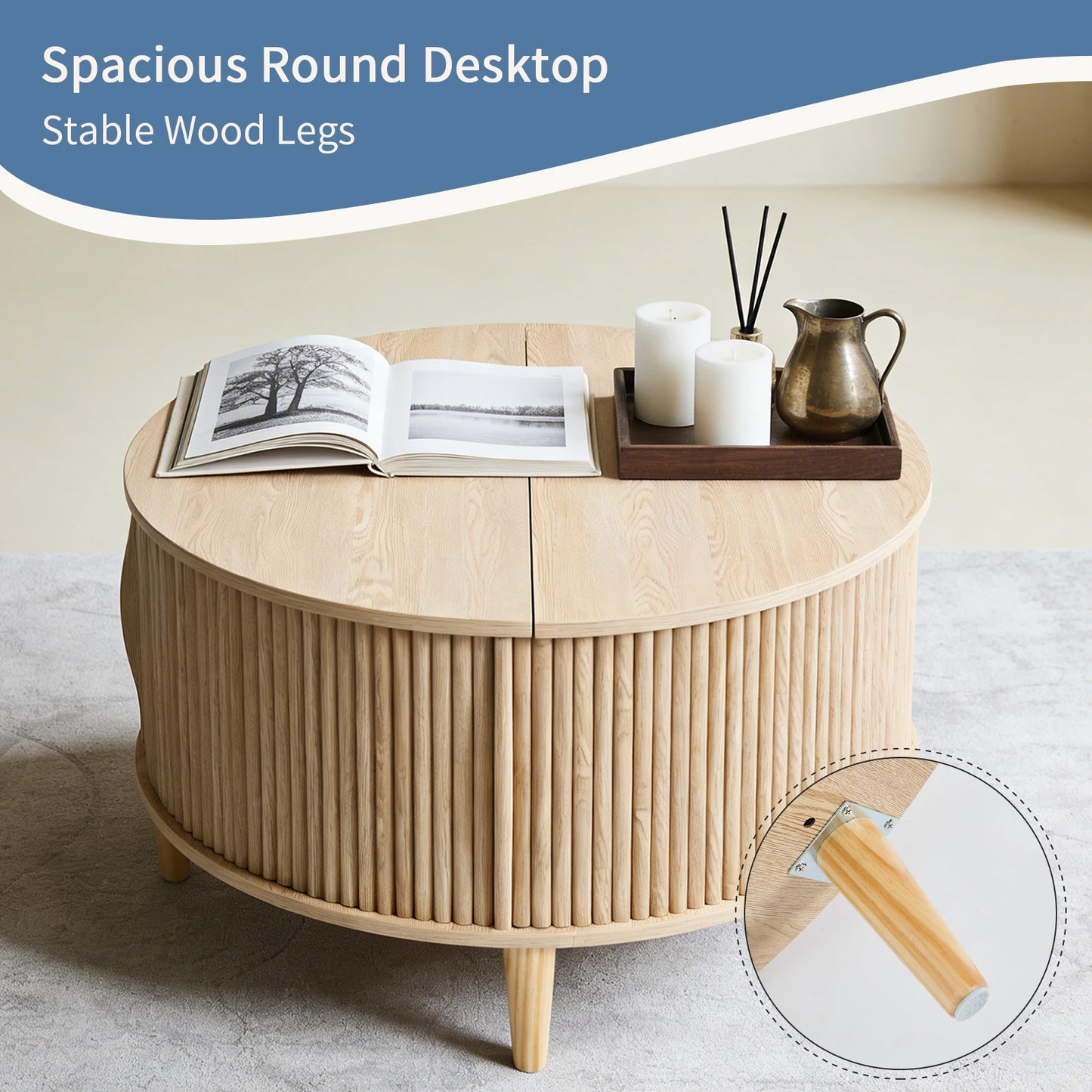 JHK Round Coffee Table With Flip Top Storage And Cabinet