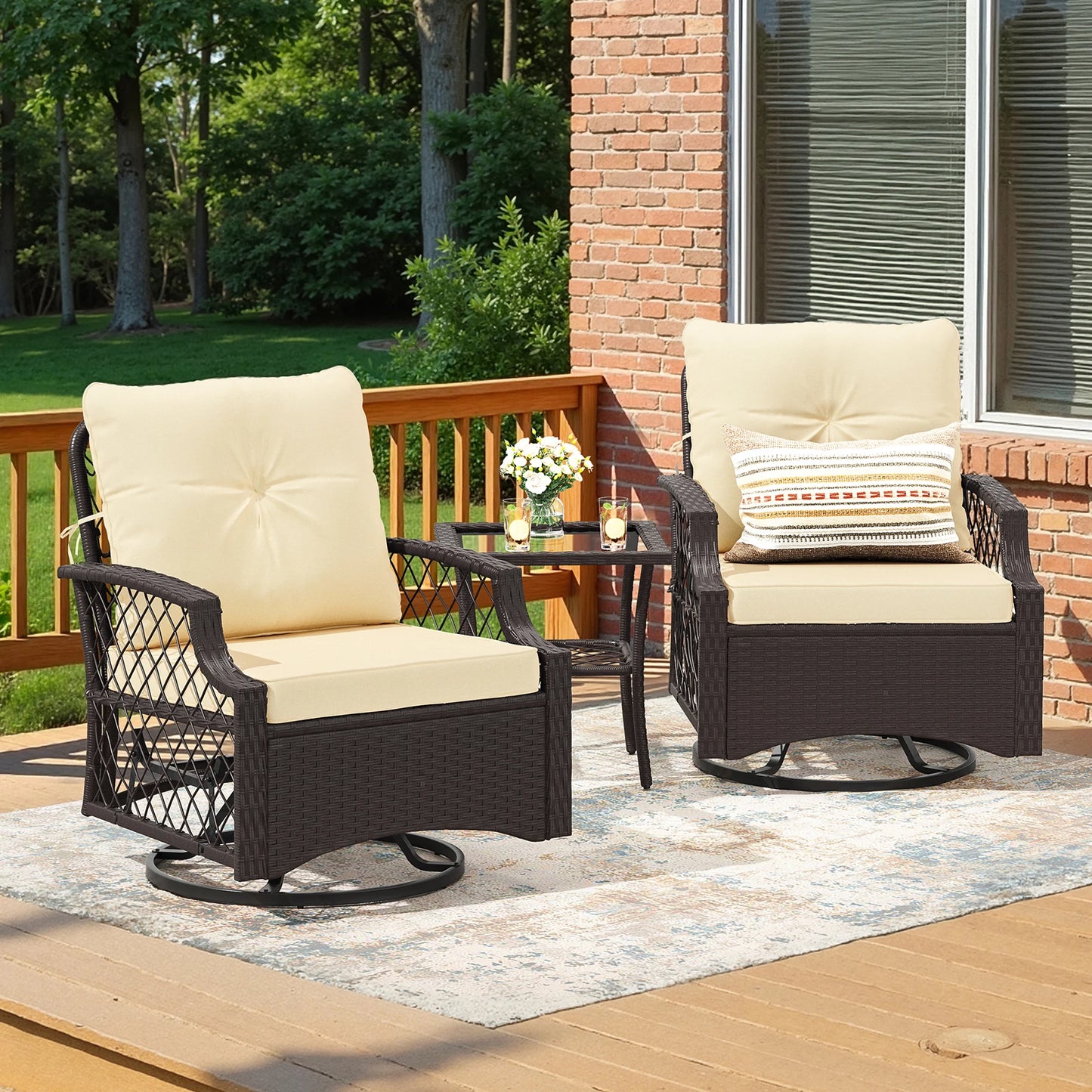 Three Piece Swivel Patio Bistro Set With Cushions Outdoor All Weather Rattan