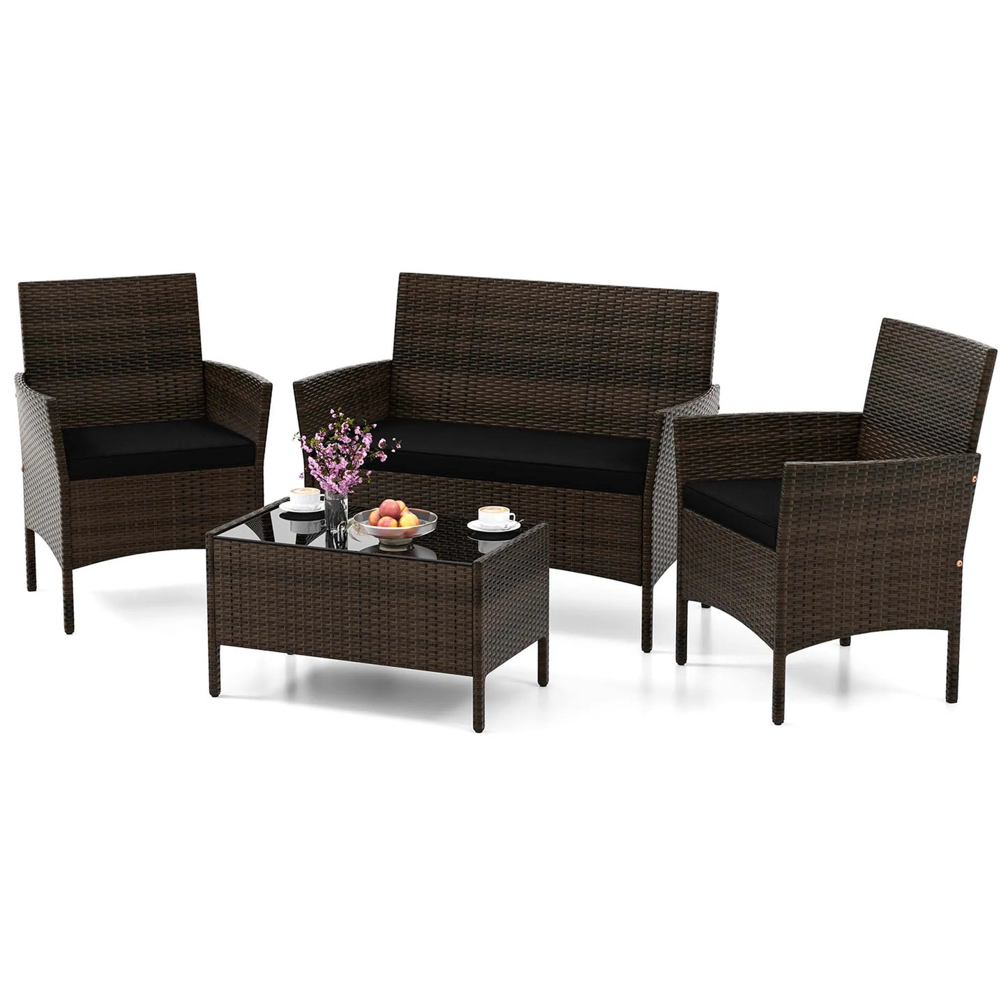 HOMASIS Rattan Furniture Set With Washable Cushions And Tempered Glass Table