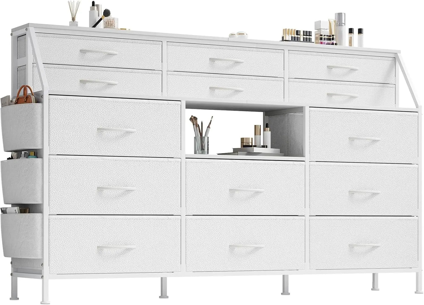 TWISTER.CK 14 Drawer Fabric Dresser With Wooden Top And Metal Frame