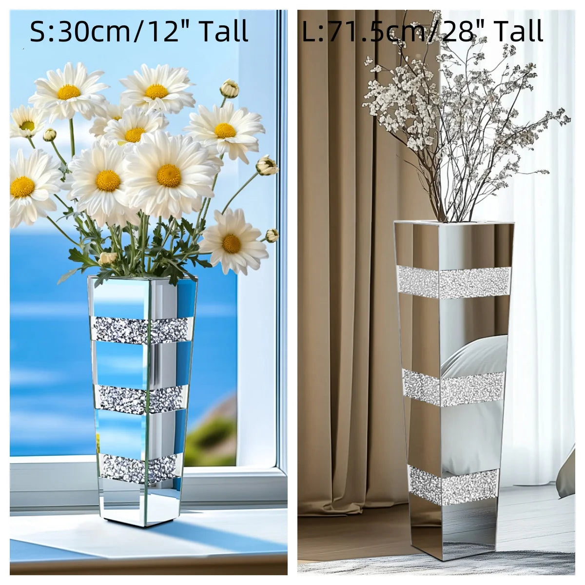 Modern Floor Vase With Crystal Mirrored Stand Flower Display
