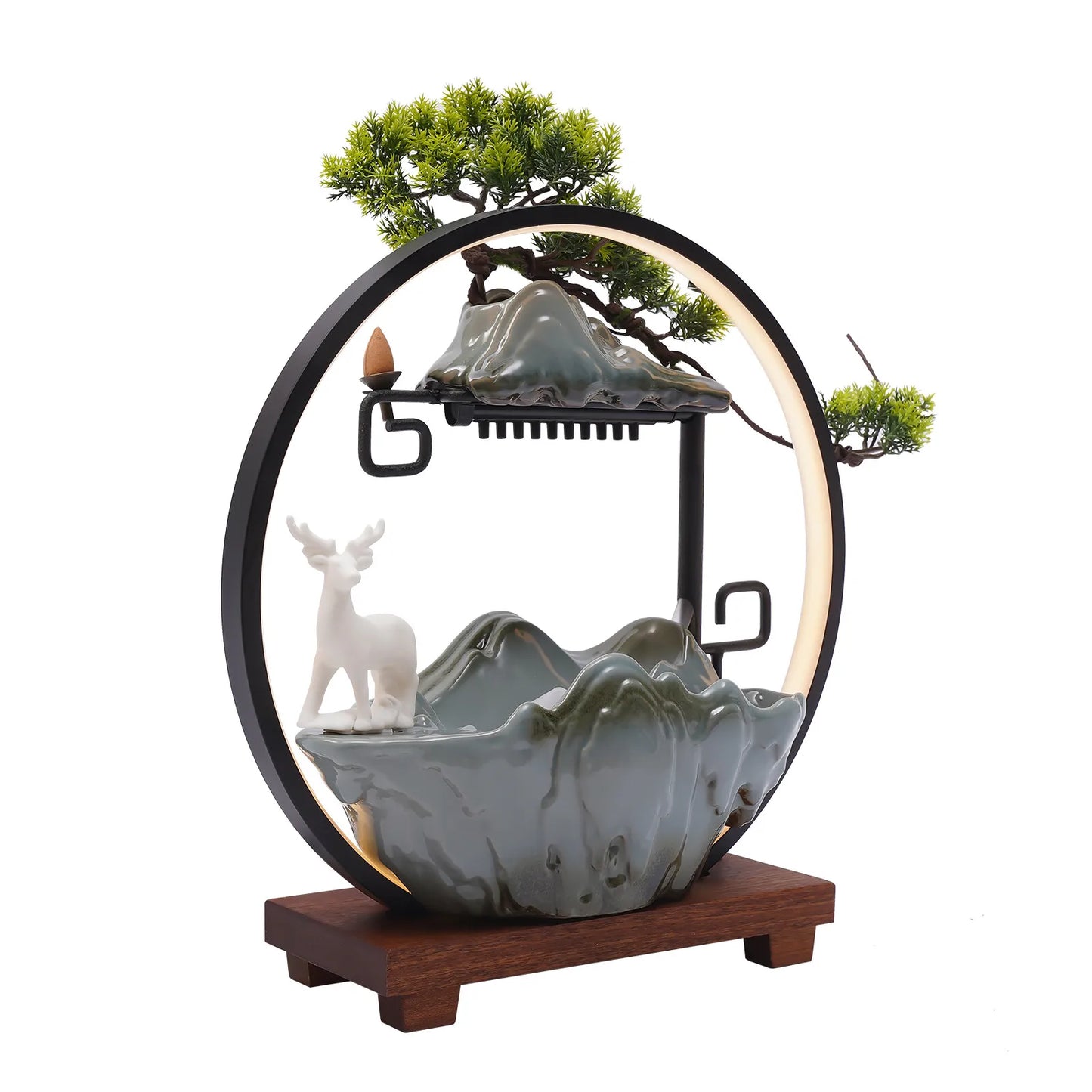Ceramic Tabletop Fountain With LED Mist Deer Figurine And Pine Branches