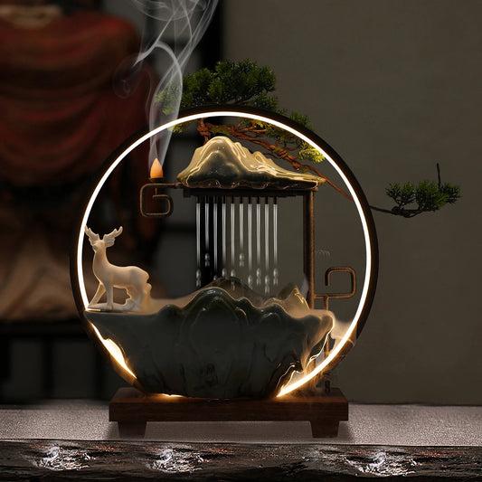 Ceramic Tabletop Fountain With LED Mist Deer Figurine And Pine Branches