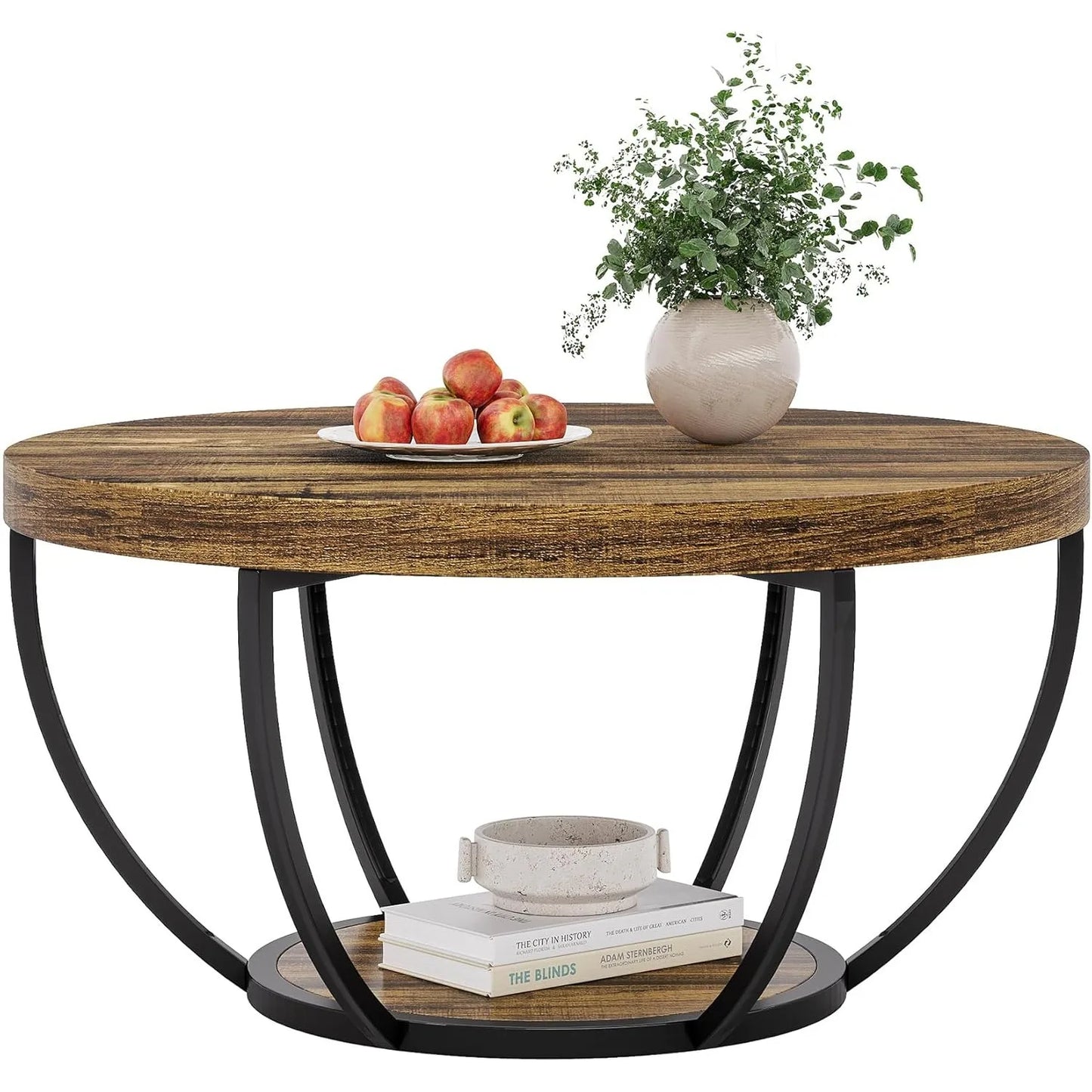Little Tree Circle Marble Coffee Table With Two-Tier Open Storage