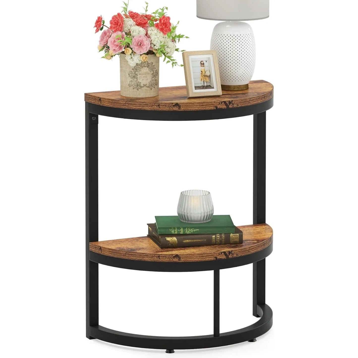 Little Tree Two Tier End Table Semi Circle With Storage Shelf