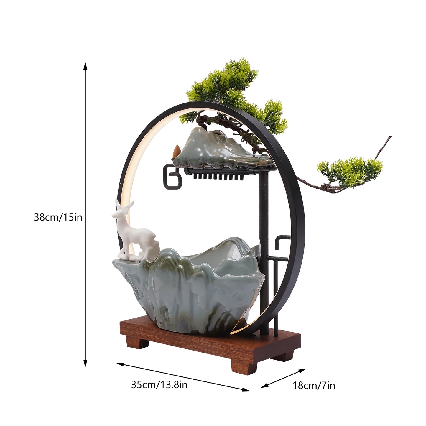 Ceramic Tabletop Fountain With LED Mist Deer Figurine And Pine Branches