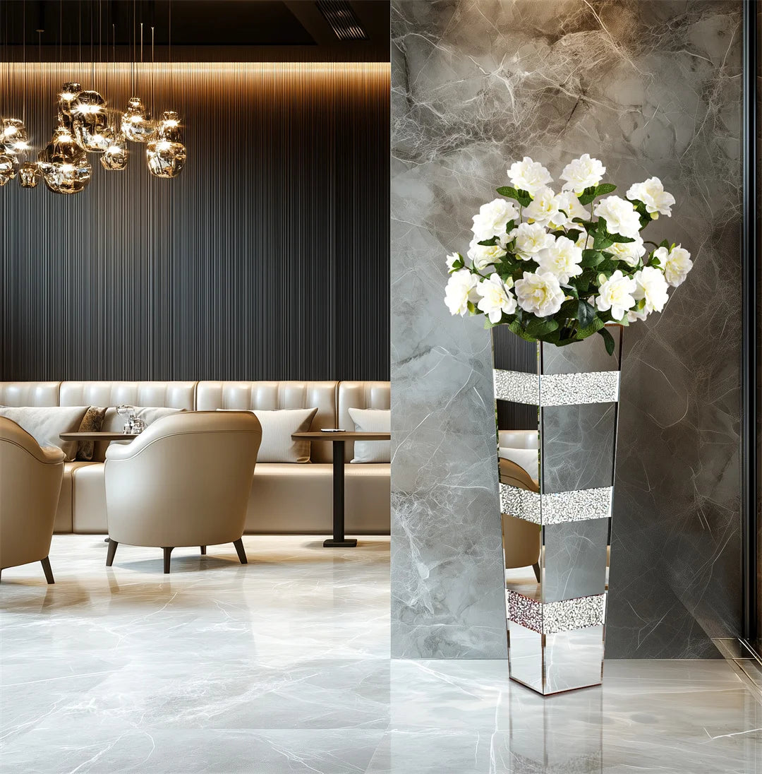 Modern Floor Vase With Crystal Mirrored Stand Flower Display