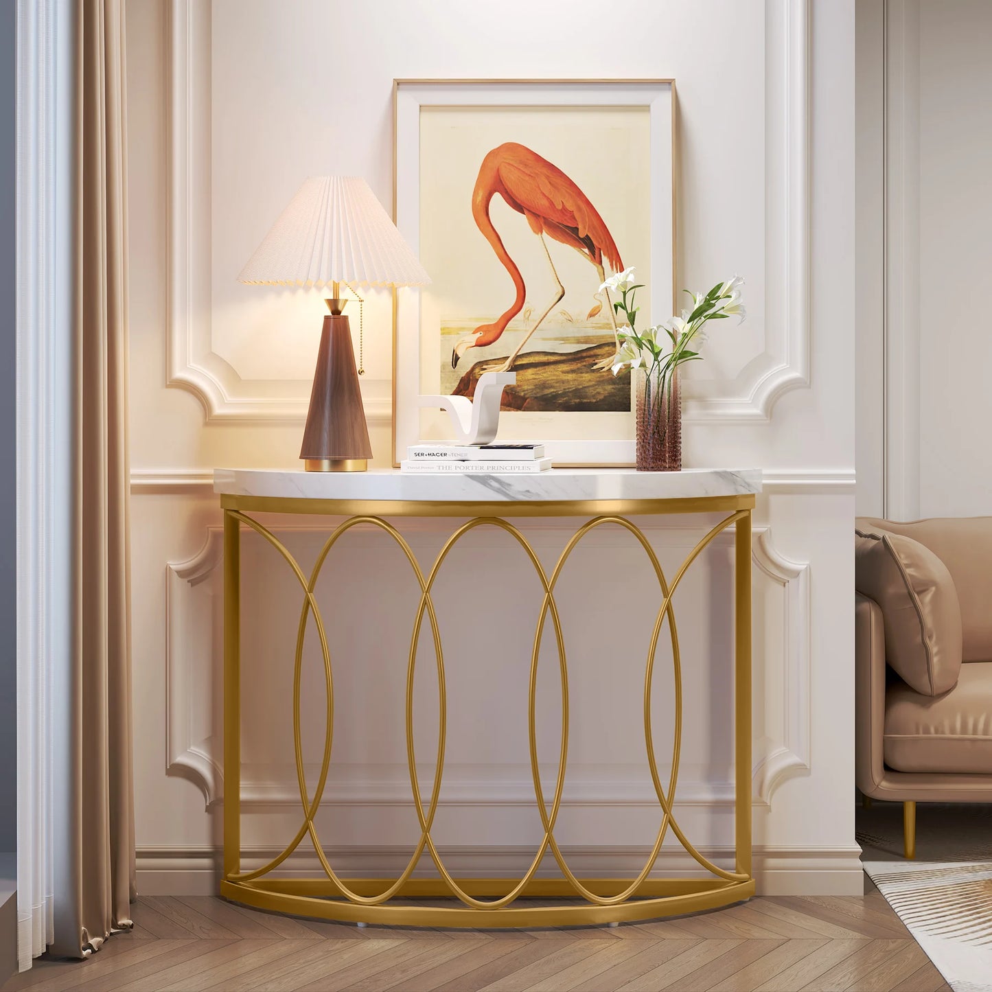 Tribesigns Half Moon Console Table With Geometric Metal Frame