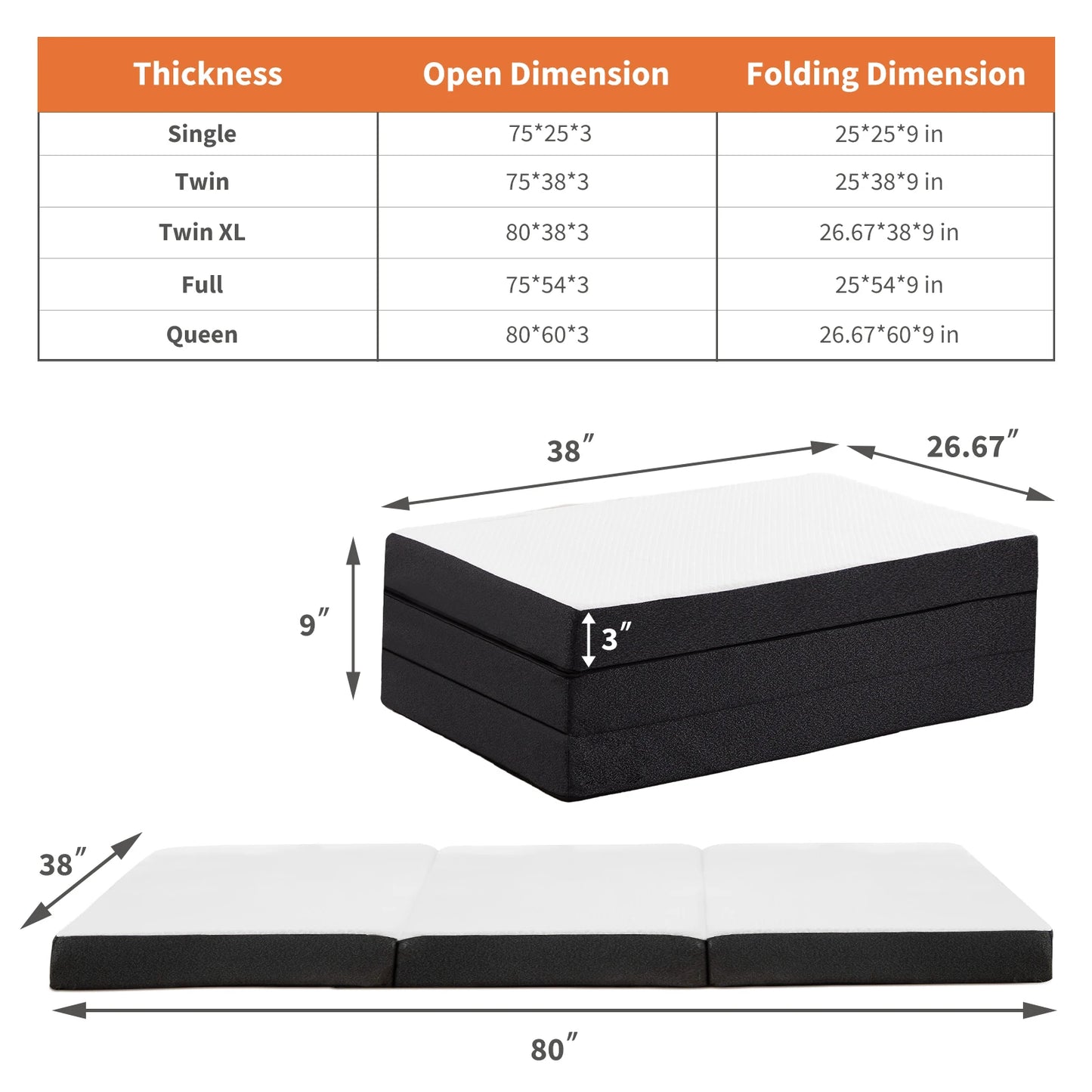 JHK Tri-Fold Memory Foam Mattress With Collapsible Washable Cover Portable Bed