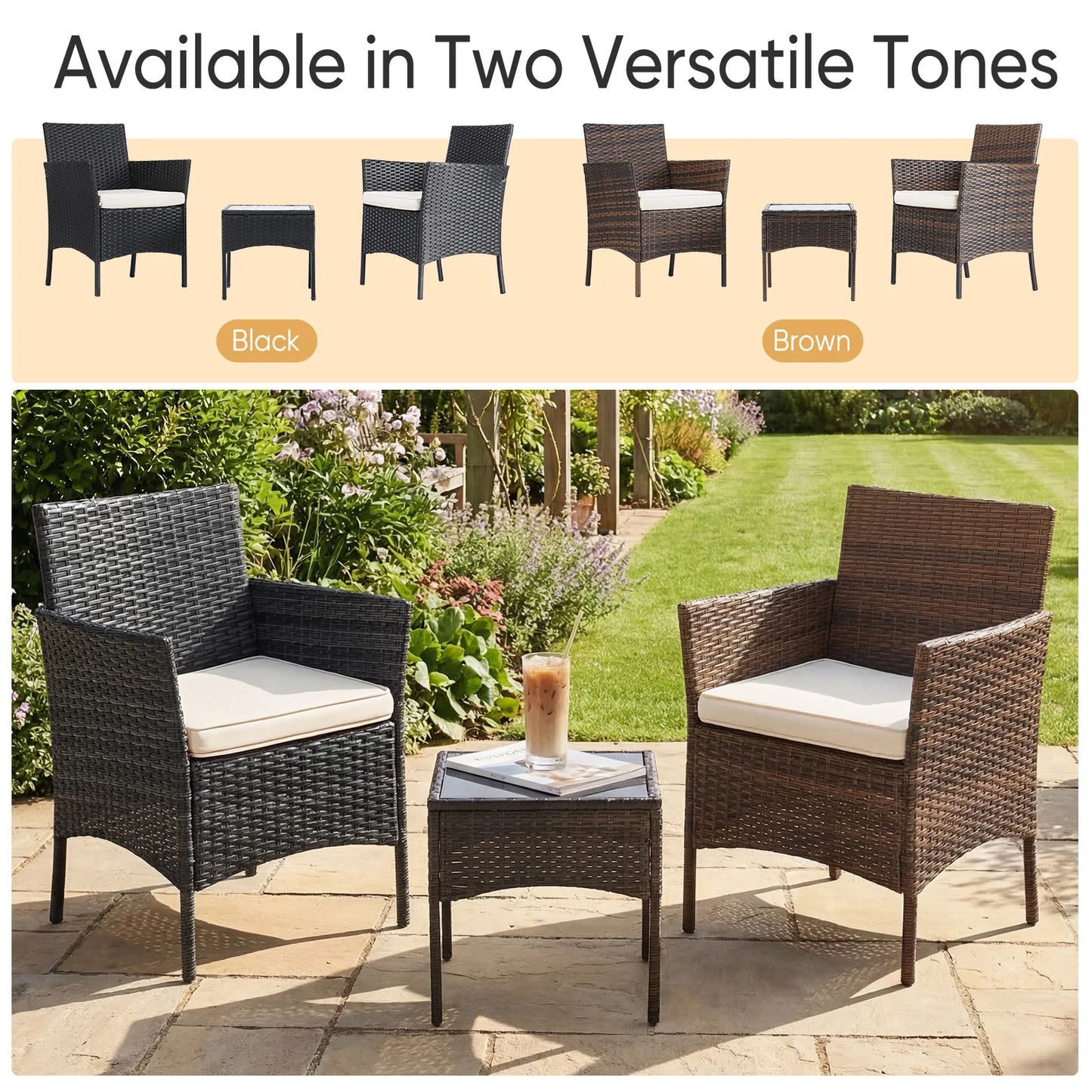 JHK Patio 3 Piece Wicker Furniture Set With Glass Table