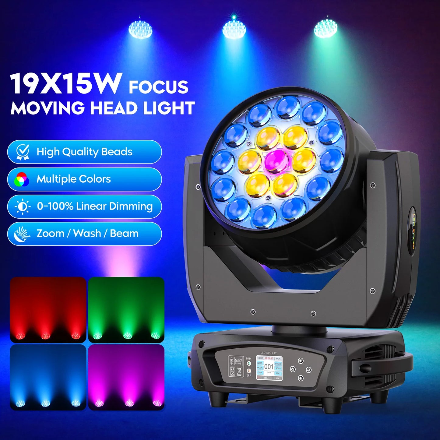 Rudderstar 2Pack RGBW Beam Moving Head Lights DMX Zoom Wash