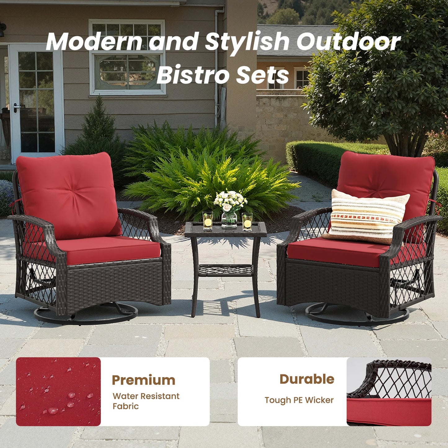 Three Piece Swivel Patio Bistro Set With Cushions Outdoor All Weather Rattan