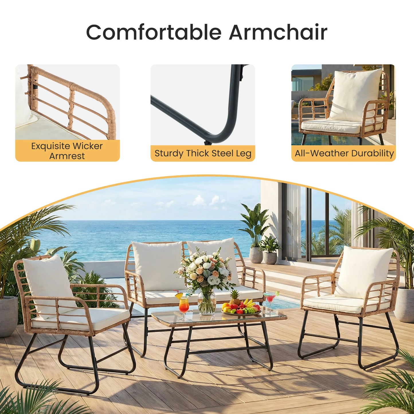 JHK Outdoor Wicker Patio Set 4-Piece With Cushions Glass Table