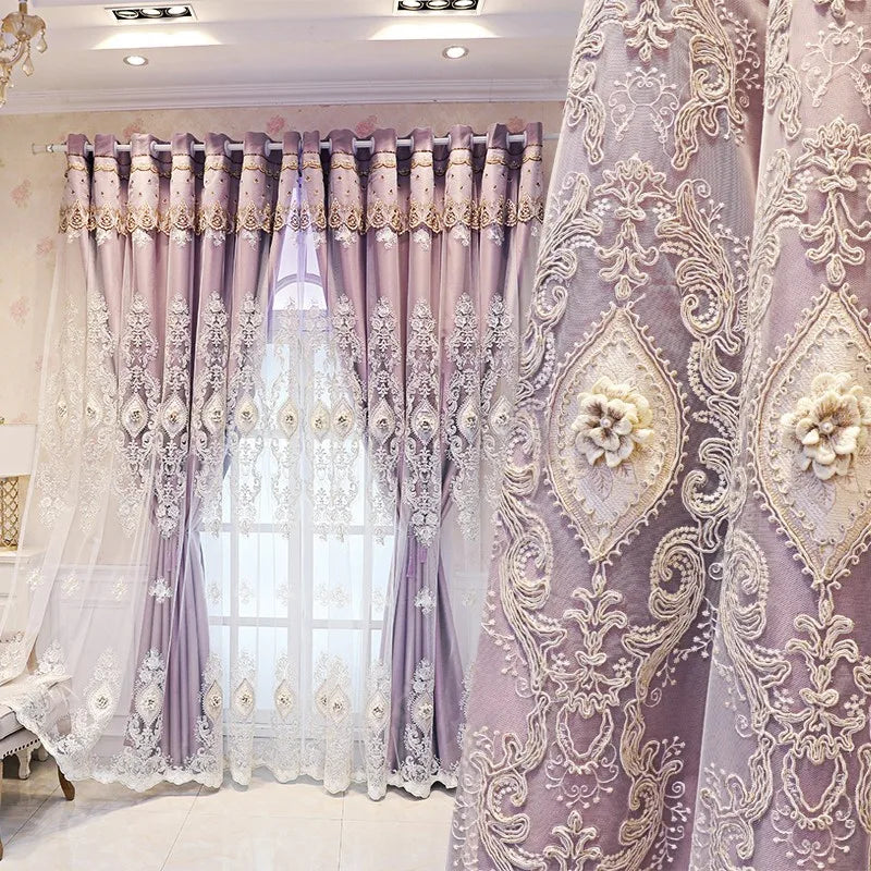 Luxury Vintage Embroidered Curtains With Relief Pattern Dual Layer Privacy