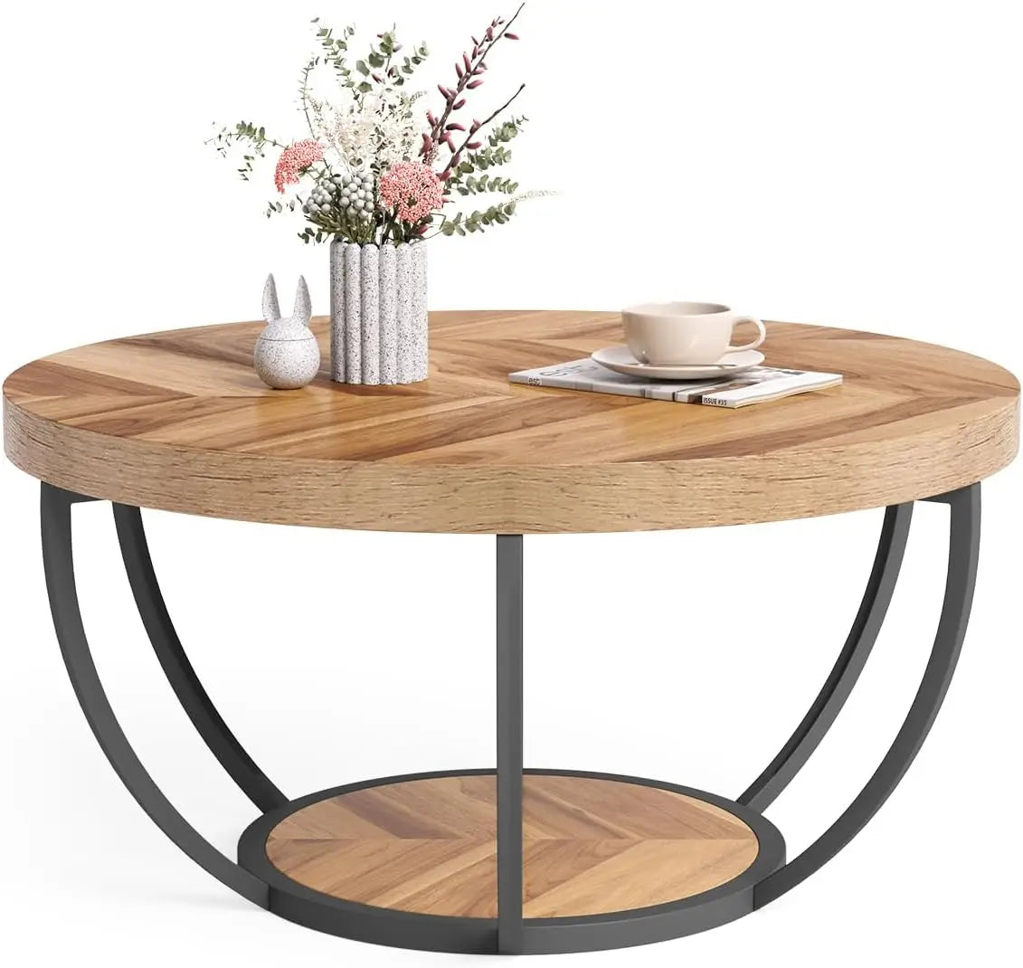 Little Tree Circle Marble Coffee Table With Two-Tier Open Storage