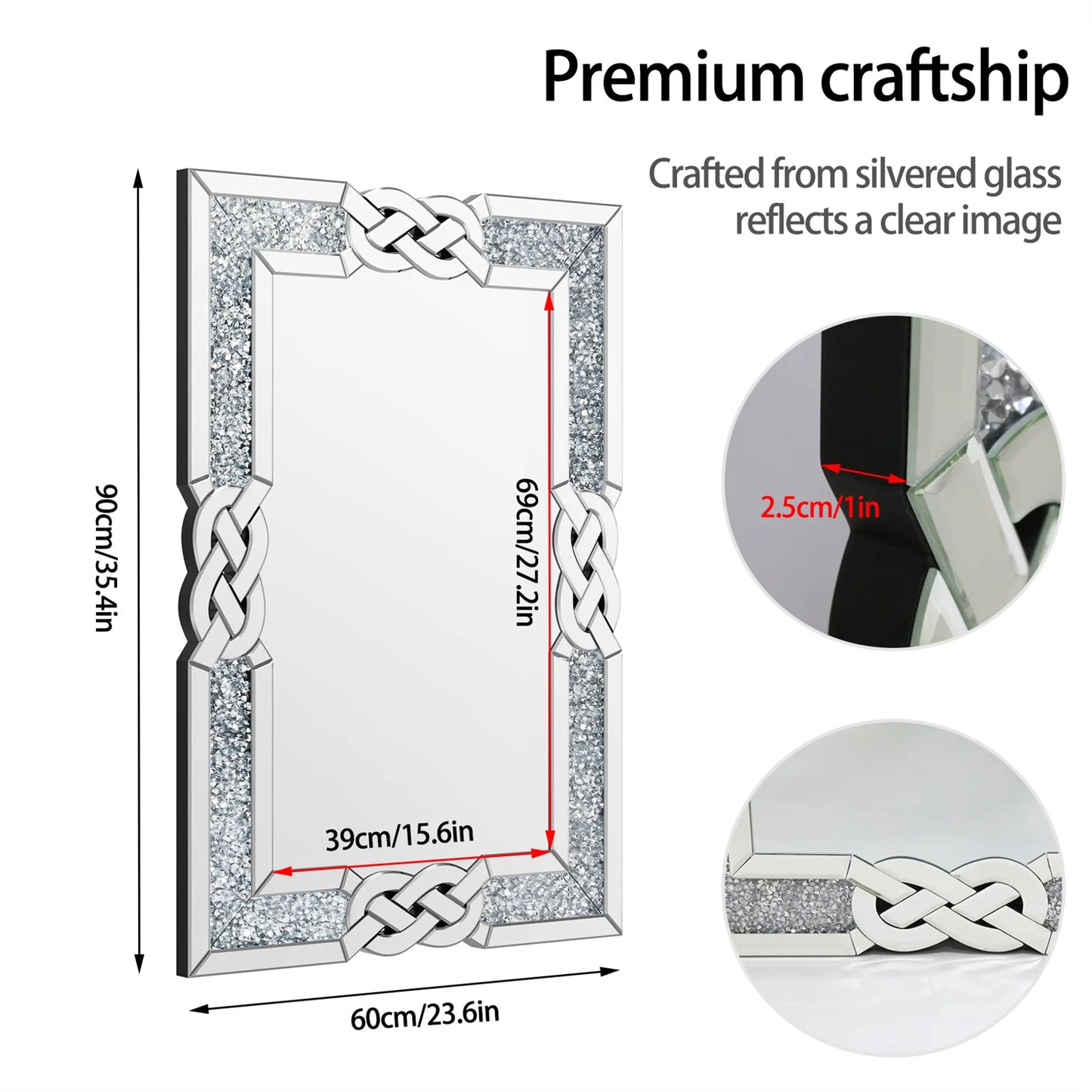 Crystal Diamond Wall Mirror Rectangular Frame For Wall Decoration