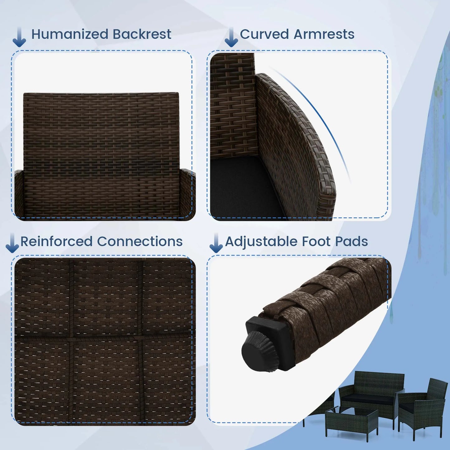 HOMASIS Rattan Furniture Set With Washable Cushions And Tempered Glass Table
