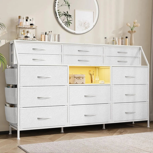 TWISTER.CK 14 Drawer Fabric Dresser With Wooden Top And Metal Frame