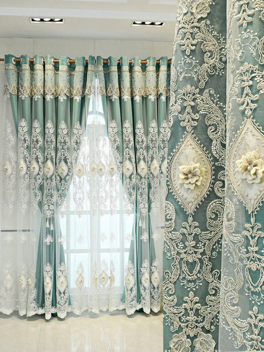 Luxury Vintage Embroidered Curtains With Relief Pattern Dual Layer Privacy