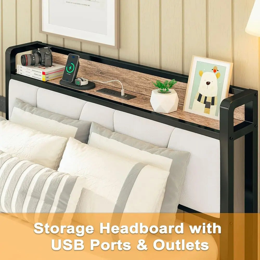 LIKIMIO Bed Frames With Storage Headboard And Charging Station