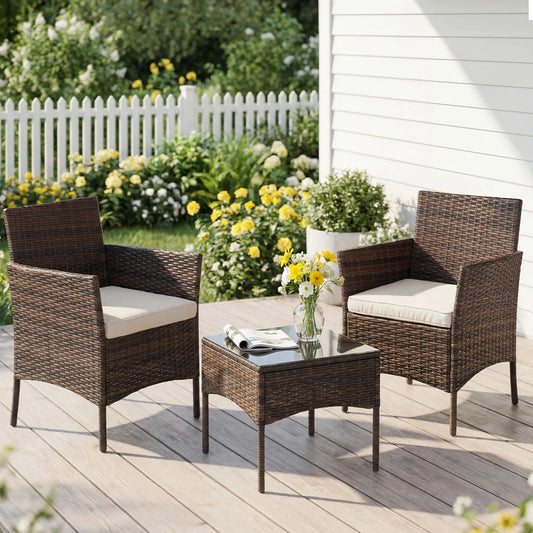 JHK Patio 3 Piece Wicker Furniture Set With Glass Table